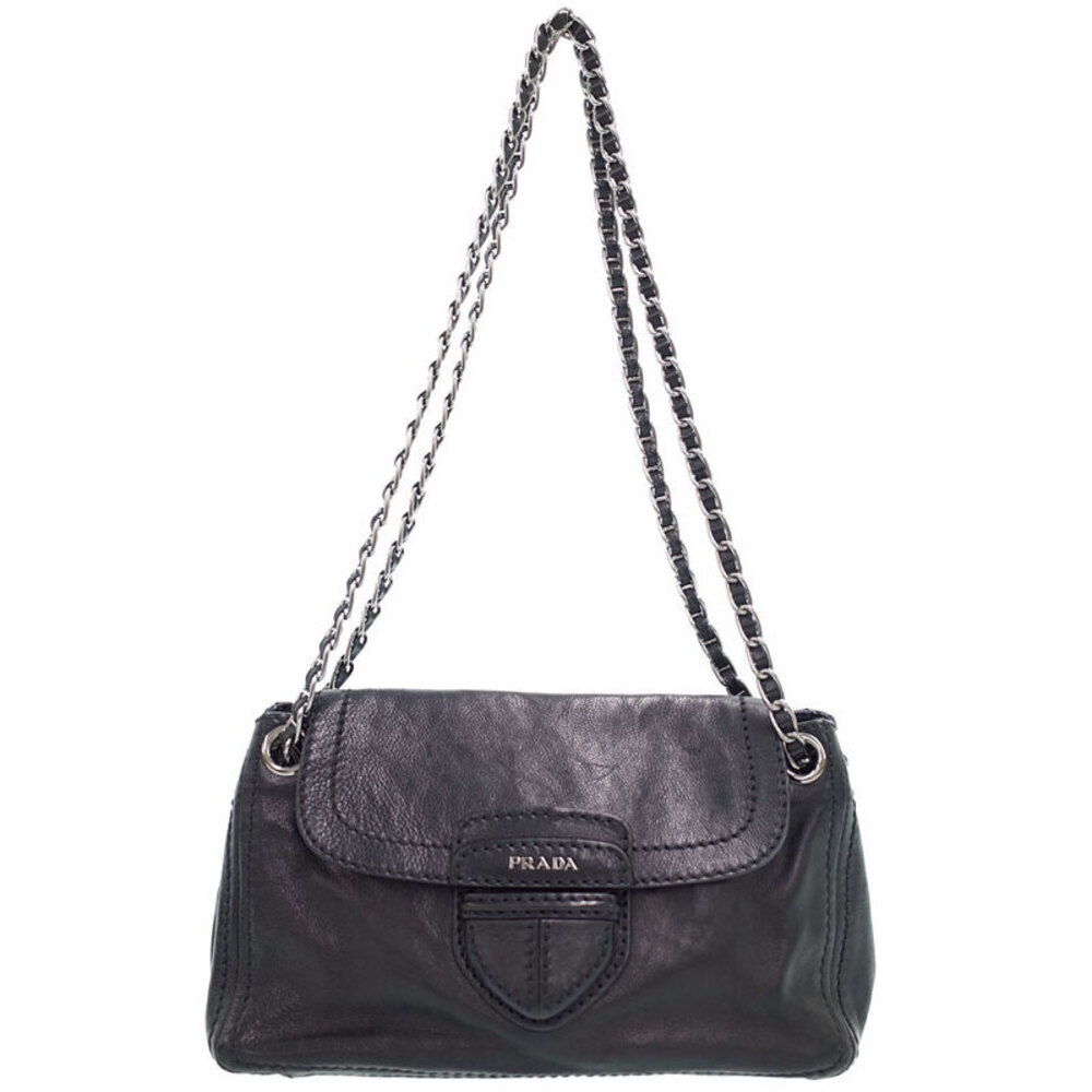 Prada black leather flap chain shoulder bag glazed leather